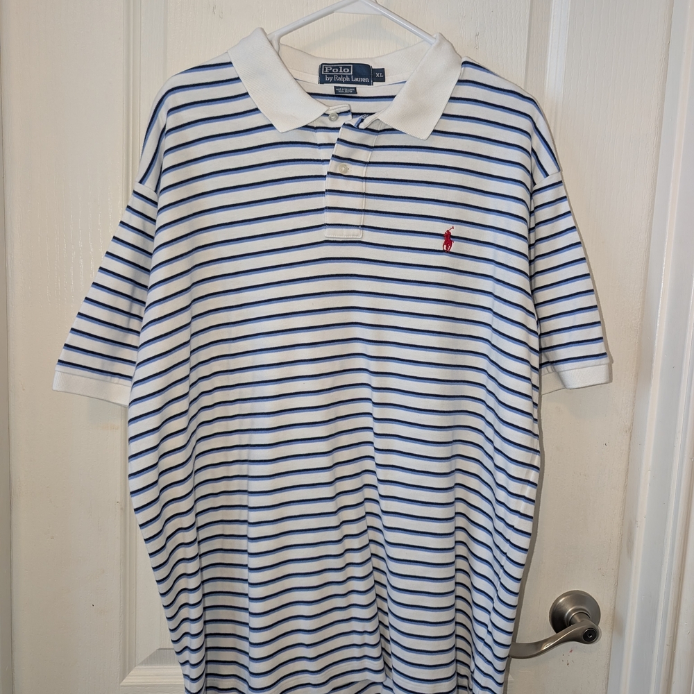 Ralph Lauren Men's White and Blue Striped Polo Shirt